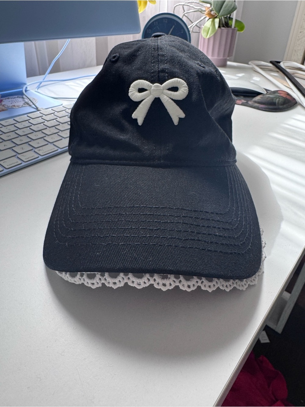 Black Bow Baseball Cap with White Lace Trim